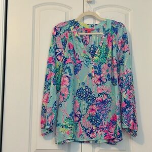 Lilly Pulitzer Elsa Silk Blouse in Pink and Blue